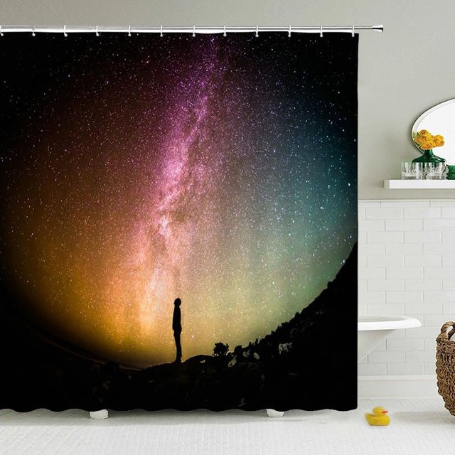 Wasserdichter Duschvorhang mit 3D-Leuchtturm und Galaxy-Sternenhimmel Design aus Polyestergewebe, Multicolor, Breite: 90 cm, Höhe: 180 cm - Bild 1