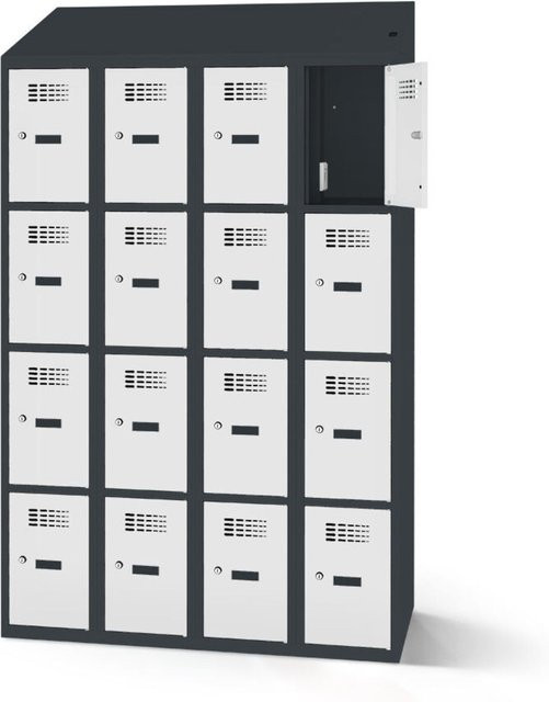 rotstahl Fächerschrank mit 16 Fächern und Ladefunktion, Korpus Anthrazitgrau, Front Hellgrau, B: 120 cm, H: 200 cm - Bild 1