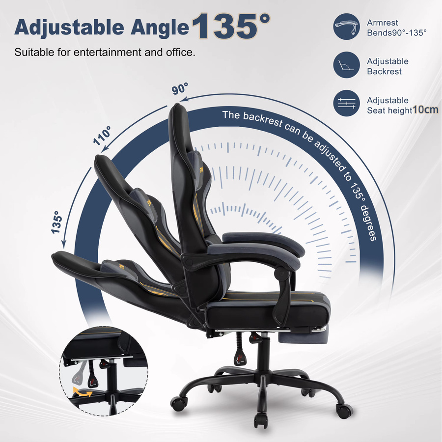 SYMINO Ergonomischer Gaming-Stuhl im Rennstil mit Fußstütze und Kopfstütze, Schwarz-Grau, Synthetikleder, Tragkraft 130 kg - Bild 1