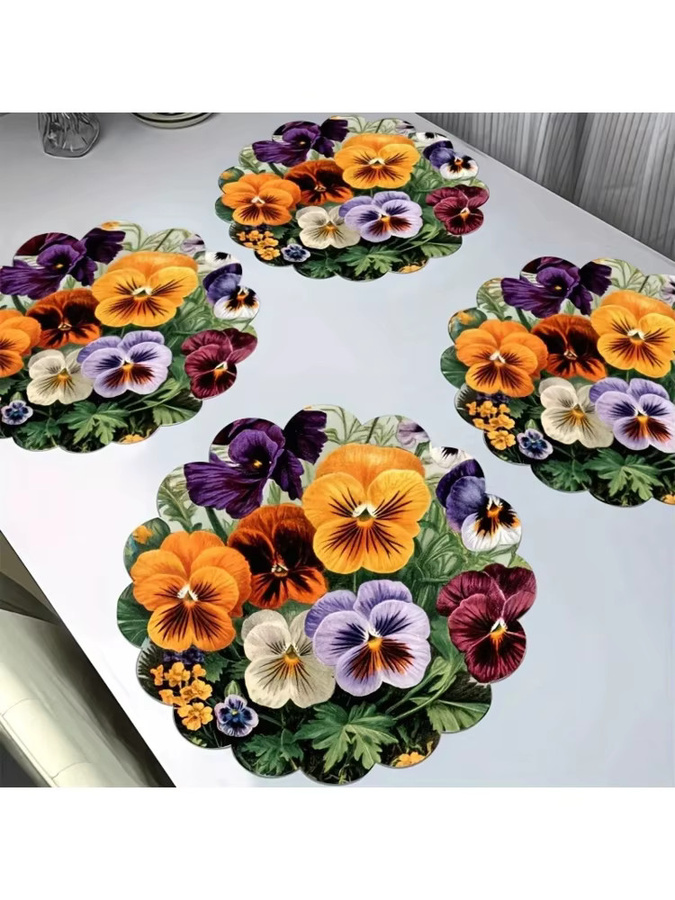 VIKAMA 4er-Set runde Tischsets aus Leinen mit floralem Blumenmuster in Purpur und Multicolour, hitzebeständig - Bild 5