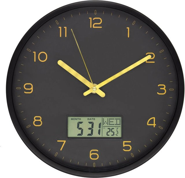 Wall-Art Digitale Wanduhr mit Thermometer und Datum in Schwarz-Gold, Durchmesser: 25 cm - Bild 1