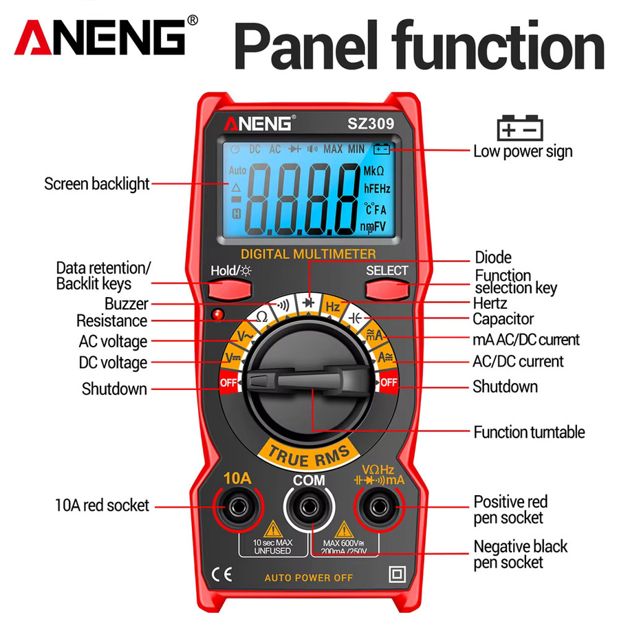 ANENG SZ309 Digitalmultimeter in Rot mit Hintergrundbeleuchtung für Spannung und Strom - Bild 6