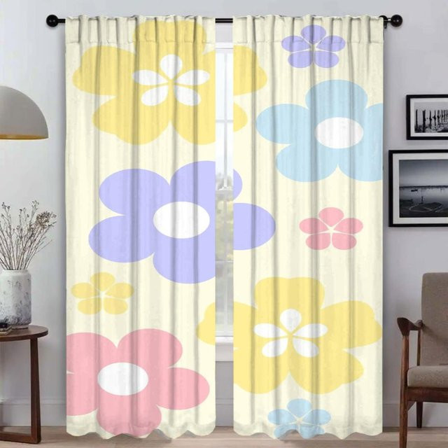 2er-Set Kawaii Blumenküchenvorhänge aus Tüll, halbtransparentes Design mit floralem Muster, Breite: 50 cm, Höhe: 70 cm pro Paneel, Mehrfarbig - Bild 1