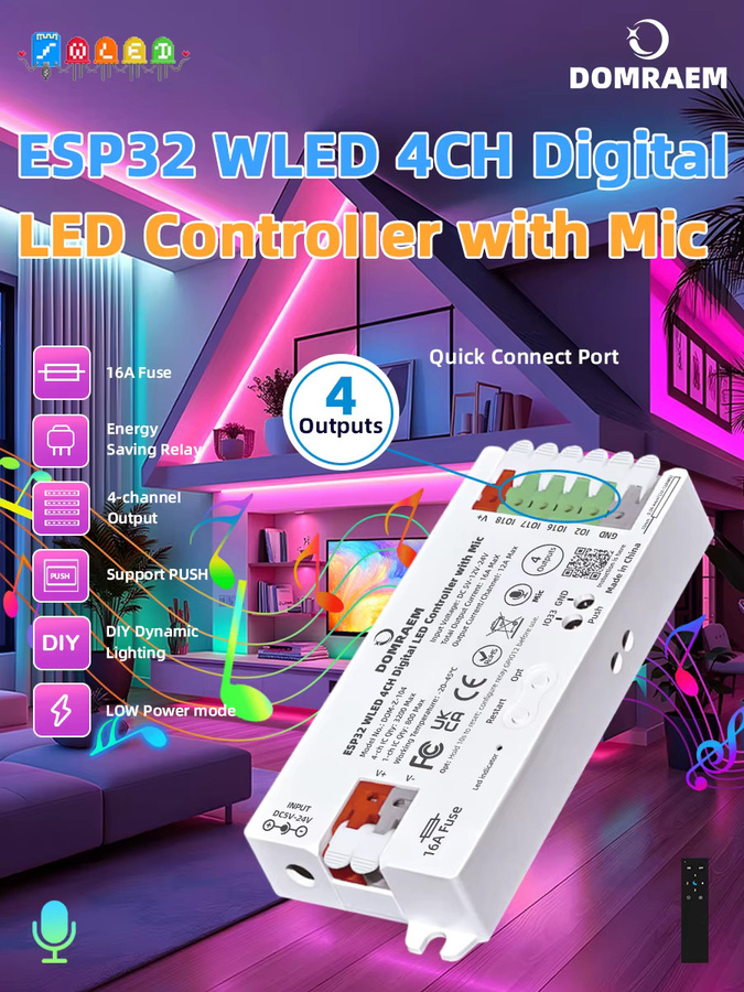 DOMRAEM ESP32 4-Kanal WLED-Controller mit 16A Sicherung und Level Shifter, Sound-Sync-kompatibel für WS281x Digital RGB IC LED-Streifen mit WiFi und Fernsteuerung - Bild 5