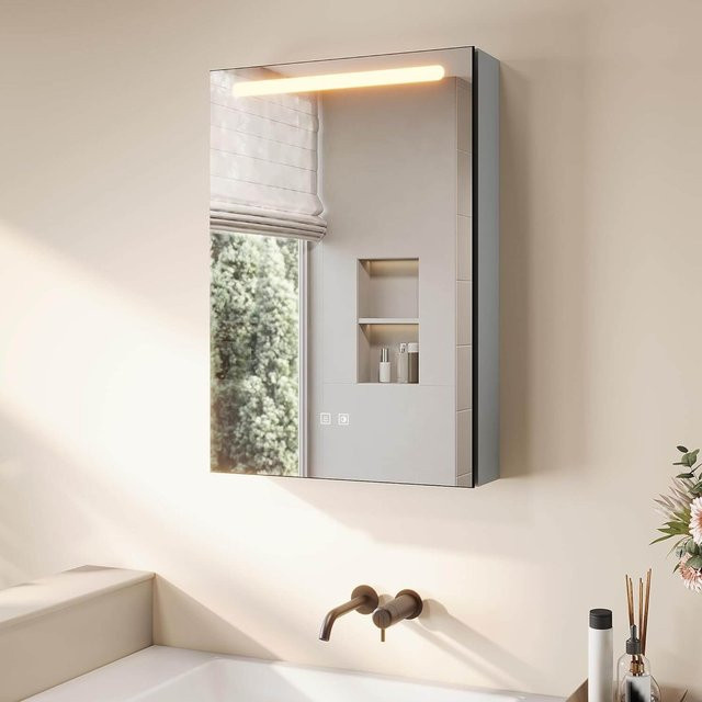 SONNI LED Spiegelschrank mit Make-up Ablage, Anti-Beschlag, Steckdose und Kosmetik-Organizer, 3 Lichtfarben, Weiß, B/H/T: 70 x 70 x 13 cm - Bild 1
