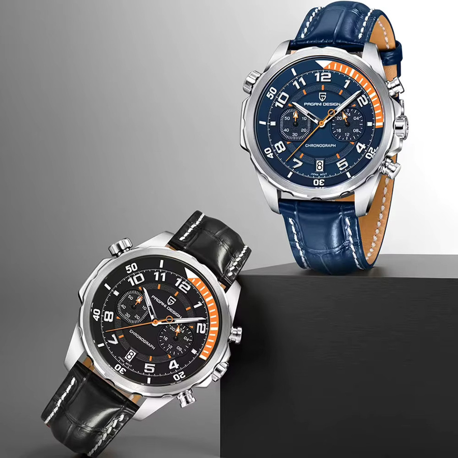 PAGANI DESIGN Chronograph, Quarz, Edelstahl, Leder, 44 mm, Herren, Grün - Bild 3