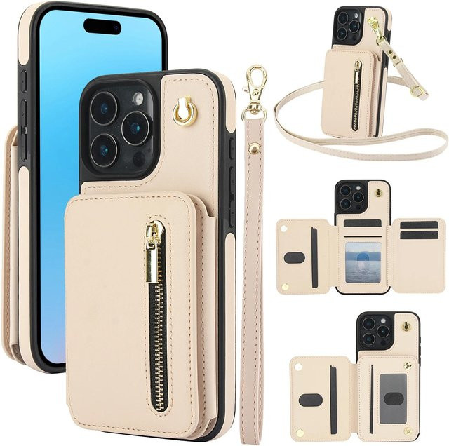 Leder-Klapphülle mit Kartenfächern, Reißverschluss und Ring-Lanyard für iPhone 11 bis iPhone 17 Pro Max Plus in Beige von Tuiying002 - Bild 1
