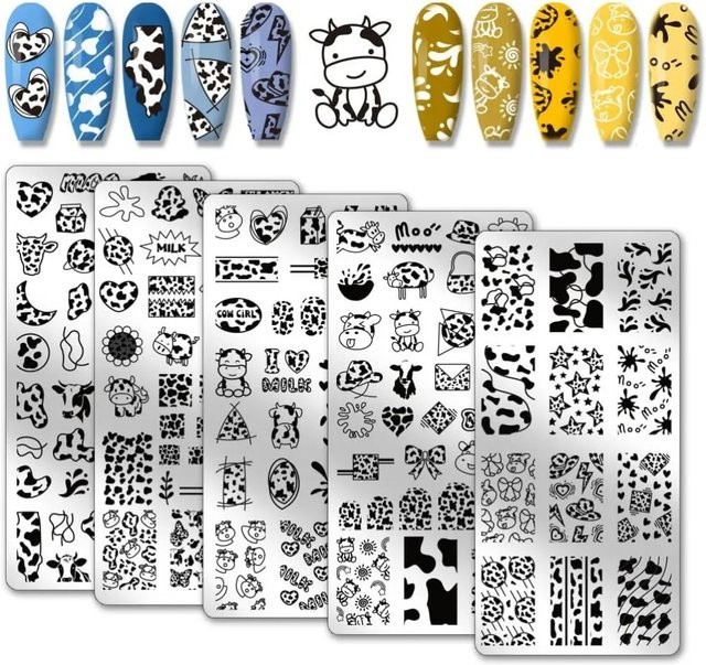 5 Stück Nagelstempelplatten mit Kuhmotiv und Tier-Mustern in Silber aus Metall - Bild 1