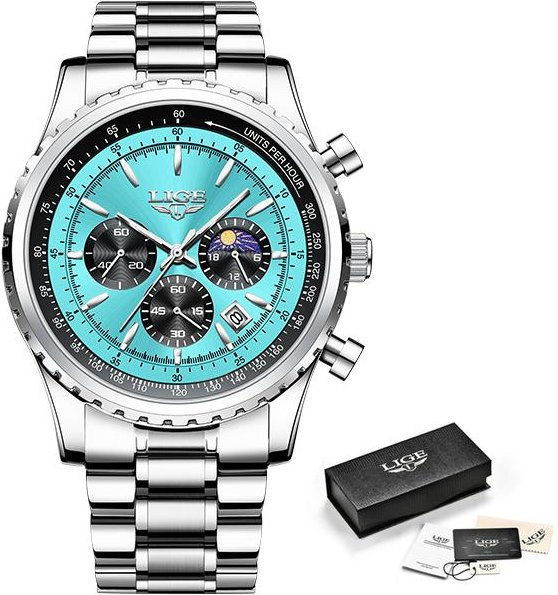 LIGE Armbanduhr, Quarz, Chronograph, Edelstahl, 46 mm, Herren, blau/silber - Bild 1