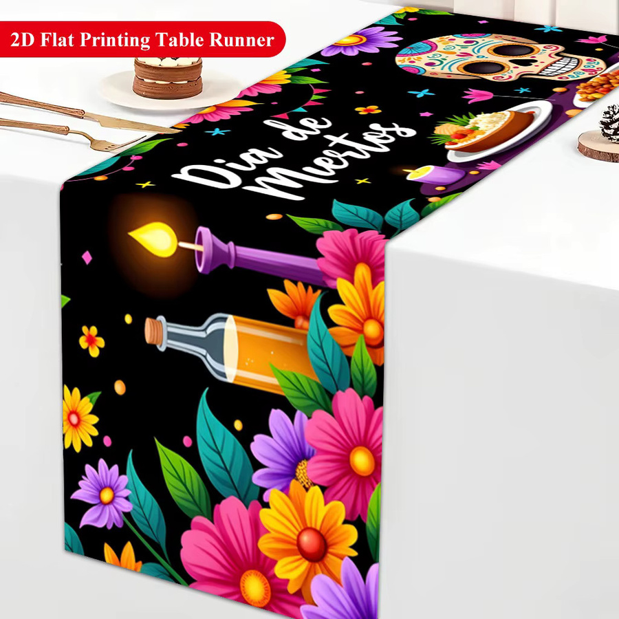 OURFETE Dia De Muertos Tischläufer mit Totenkopf- und Blumendruck in Multicolour, B/H: 180 x 35 cm - Bild 2