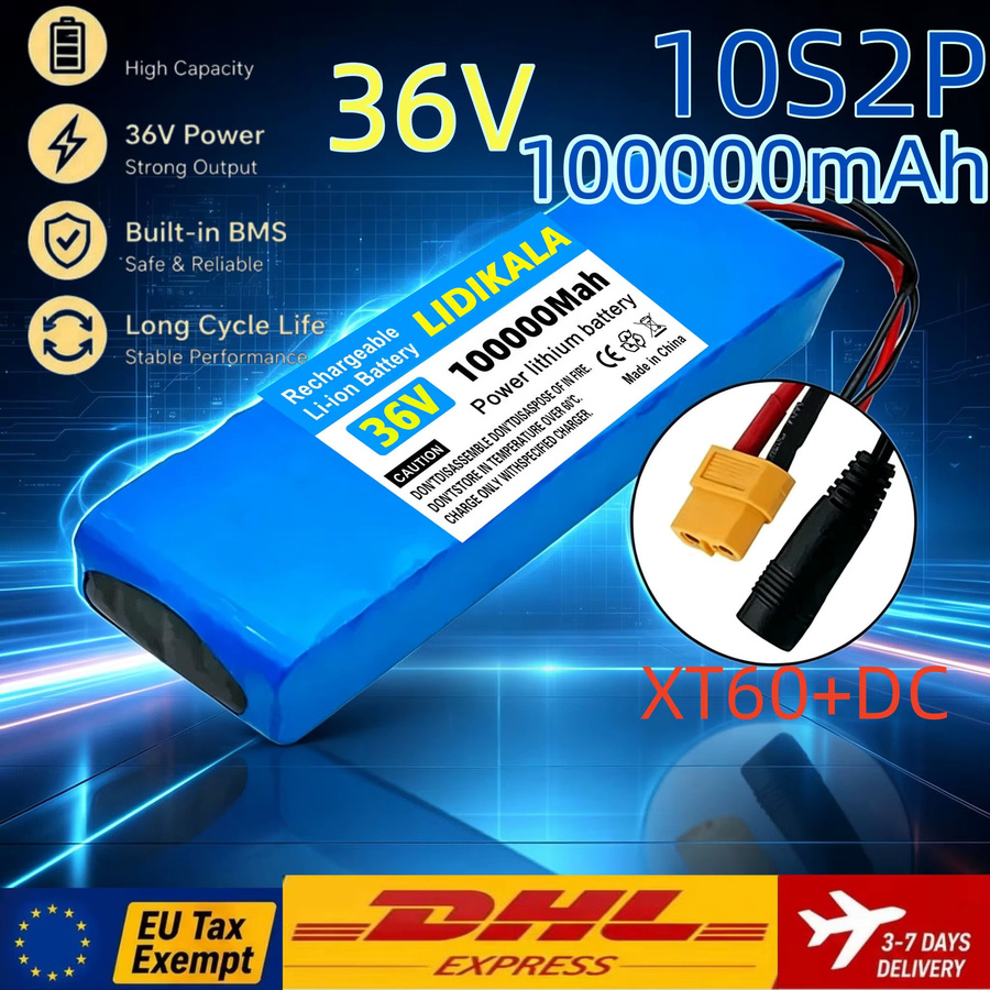 10S2P 36V 100000mAh Lithium-Ionen-Akku in Blau mit integriertem BMS-Kabel, DC-Stecker und 42V 2A Ladegerät für E-Bike, Scooter und Elektrofahrrad - Bild 2