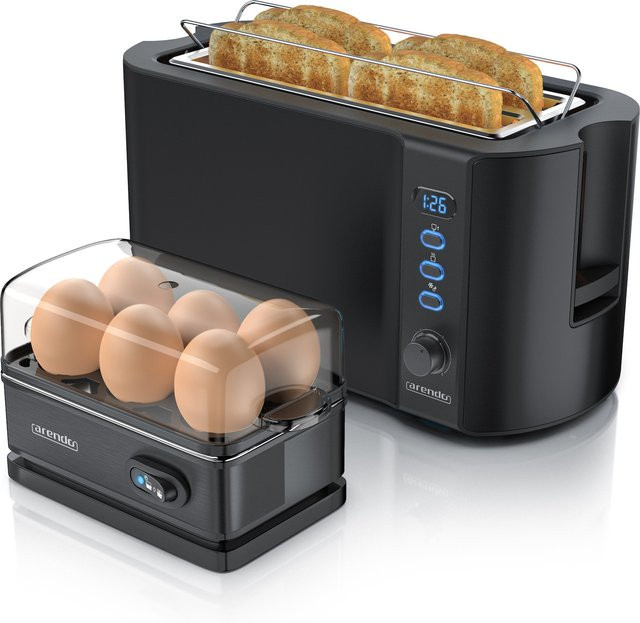 Arendo Frühstücksset aus Edelstahl mit FRUKOST Toaster für 4 Scheiben und SIXCOOK Eierkocher in Schwarz und Silber - Bild 1