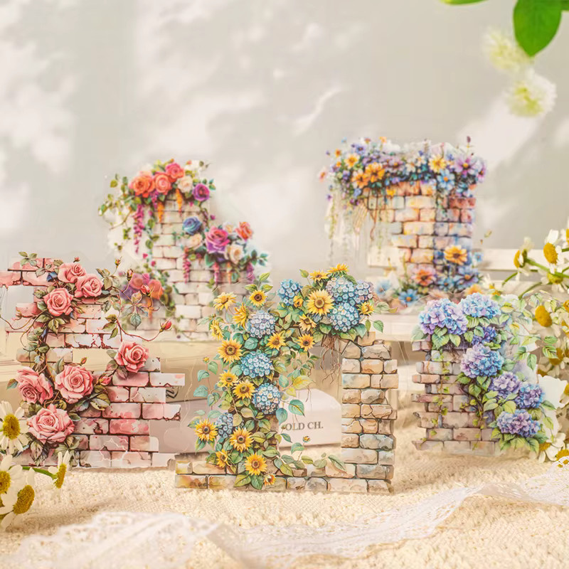 Mr.Paper Blumenwand-Szenen PET-Aufkleber-Set mit Vintage-Ziegel- und Blumen-Motiven in Multicolour für Scrapbooking und Journaling, 5 Packungen - Bild 1