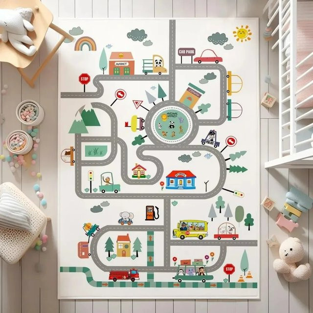 Animal City Car Road Kinderteppich als pädagogische Verkehrsspielmatte in Bunt für das Kinderzimmer - Bild 1