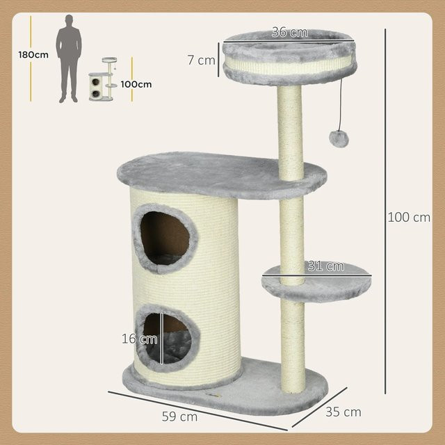PawHut Kratzbaum Grau mit Kratztone, Sisalsäule und integriertem Spielzeug, Höhe: 100 cm - Bild 1