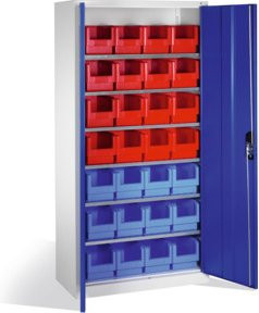 C+P Magazinschrank mit 28 Sichtlagerkästen aus Stahl, Front Enzianblau, Korpus Lichtgrau, H: 198 cm, B: 100 cm, T: 42 cm - Bild 1