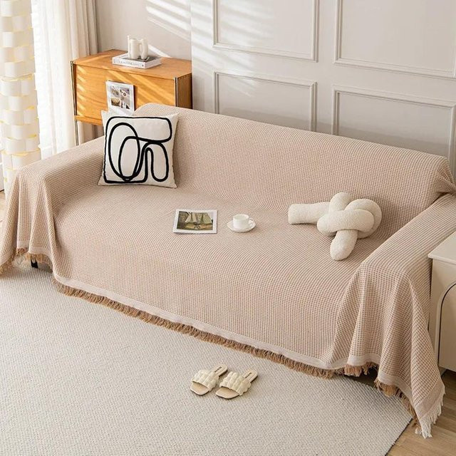 Einfarbige Baumwoll-Sofabezug-Decke mit Quaste in Beige, B/B: 90 x 90 cm - Bild 1