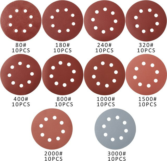100 Stück runde Schleifscheiben aus Aluminiumoxid mit 8-Loch-Lochmuster, 5 Zoll, Rot, für Metall, Holz und Glas - Bild 1