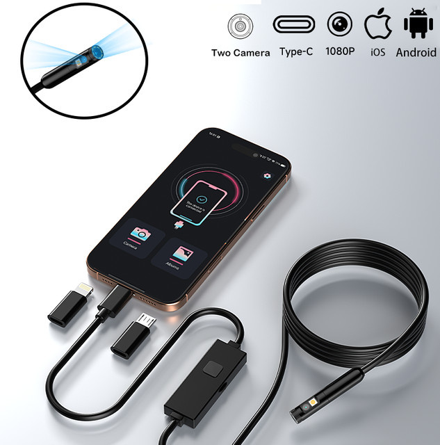 ZYPUSON 3in1 Industrie-Endoskop mit Single und Dual Kamera, wasserdichtes Rohrinspektionsendoskop mit 8 LED und 8 mm Durchmesser für iOS und Android, Schwarz - Bild 1