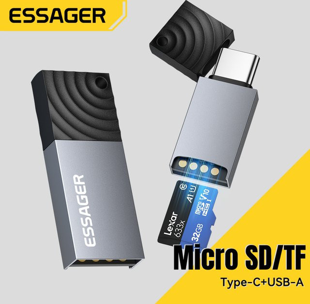 Essager 2-in-1 Kartenleser Typ C und USB 2.0 für Micro SD und TF-Speicherkarten in Grau - Bild 1