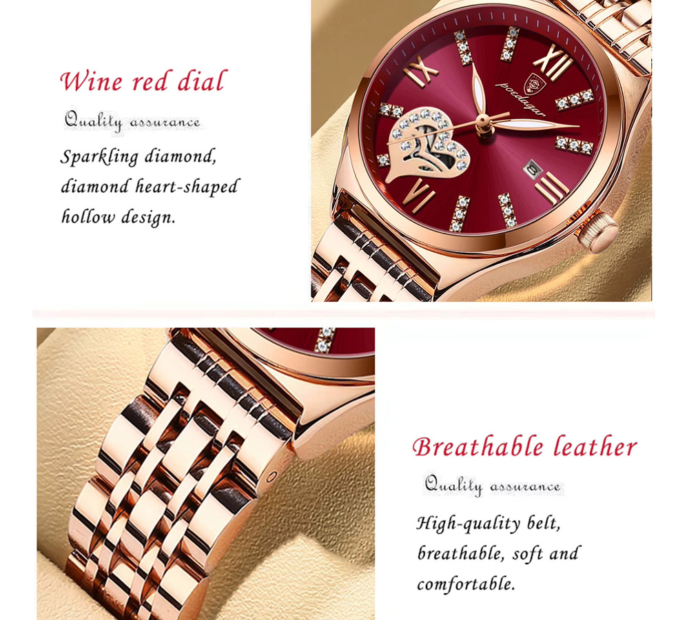 POEDAGAR Armbanduhr Damen, Quarz, Edelstahl, Roségold, Datum, Wasserdicht - Bild 3