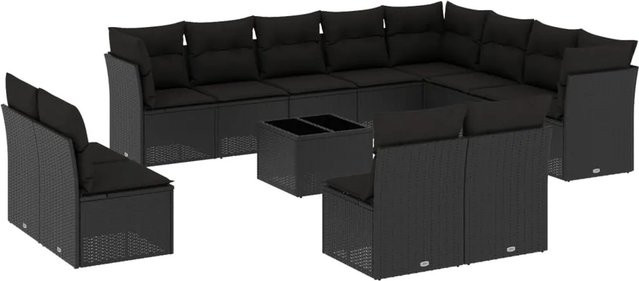 vidaXL 13-tlg Garten-Sofagarnitur aus Polyrattan mit Kissen und Glastisch in Schwarz - Bild 1
