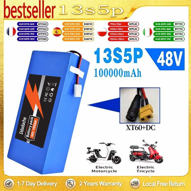 Ddadache 13S5P Lithium-Ionen-Akku 48 V 100 Ah mit intelligentem BMS für elektrische Maschinen von 500 bis 1000 W inklusive Ladegerät, Blau - Bild 1