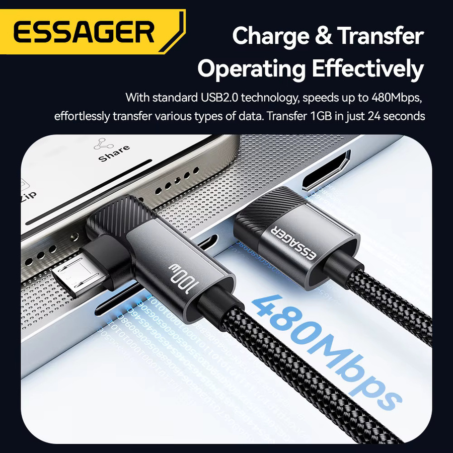 ESSAGER 2-in-1 Multifunktions-Schnellladekabel mit 100 W und 7 A für Typ C, Micro USB und Lightning in Schwarz oder Grau - Bild 5