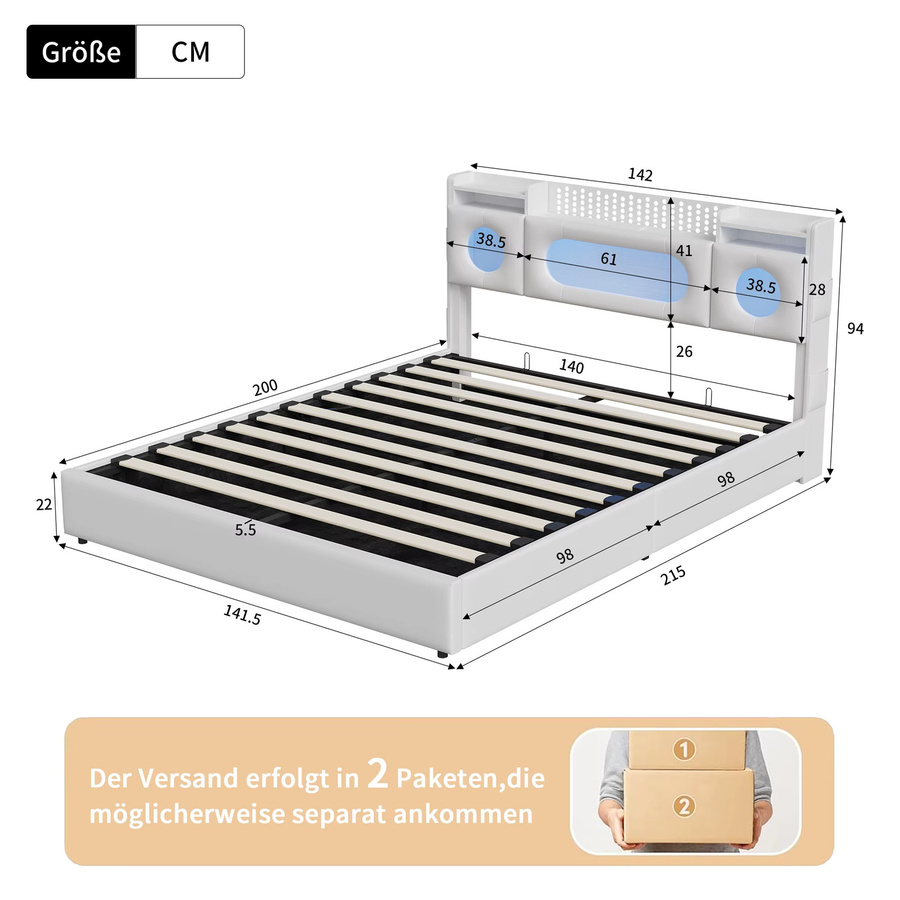 FEEOHOME Boxspringbett mit Stauraum aus PU Kunstleder, Polsterbett mit hydraulischem Bettkasten und offenen Regalen, B/T: 140 x 200 cm - Bild 2