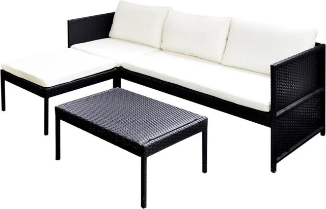 vidaXL 3-tlg Garten-Lounge-Set aus Poly Rattan in Schwarz mit Auflagen und Metallgestell - Bild 1