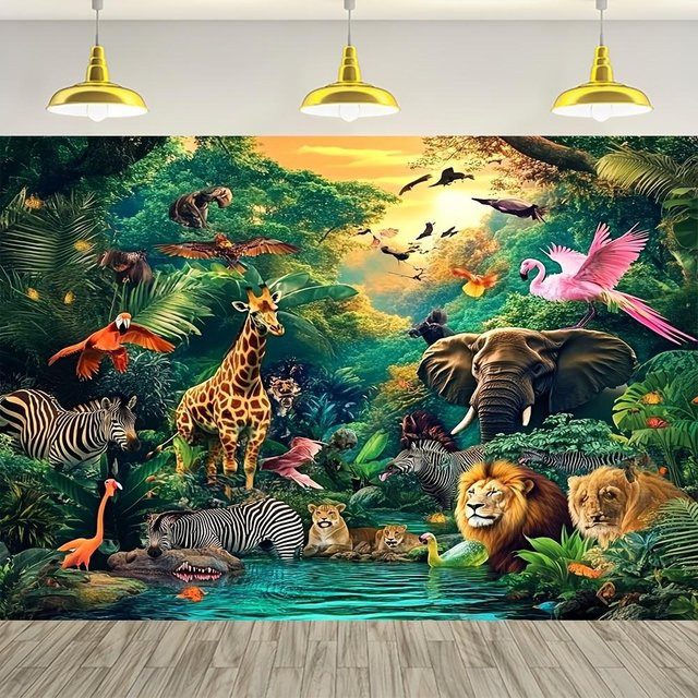 Safari-Tier-Dschungel Wandteppich mit Wildtier-Illustration von JMG Household Supplies, Mehrfarbig, B: 230 cm, H: 150 cm - Bild 1