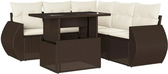 vidaXL 6-teilige Garten-Sofagarnitur in L-Form aus braunem Poly-Rattan mit cremeweißen Kissen und pulverbeschichtetem Stahlgestell - Bild 1