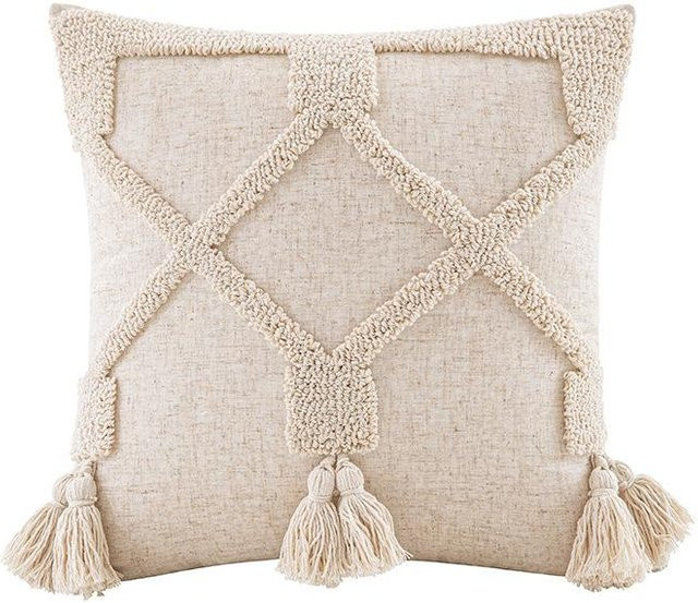 Bohö Kissenbezug mit geometrischer Stickerei und Quasten in Beige, Zen-Stil Schlingenteppich-Optik aus Leinwand-Stil - Bild 1