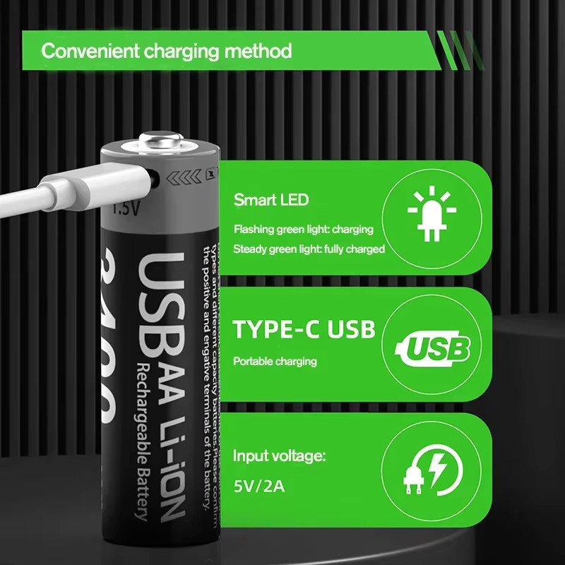 WHITECRANE Wiederaufladbare AA-Lithium-Batterie mit USB Typ C, 1,5 V, 3400 mAh, Schwarz - Bild 2