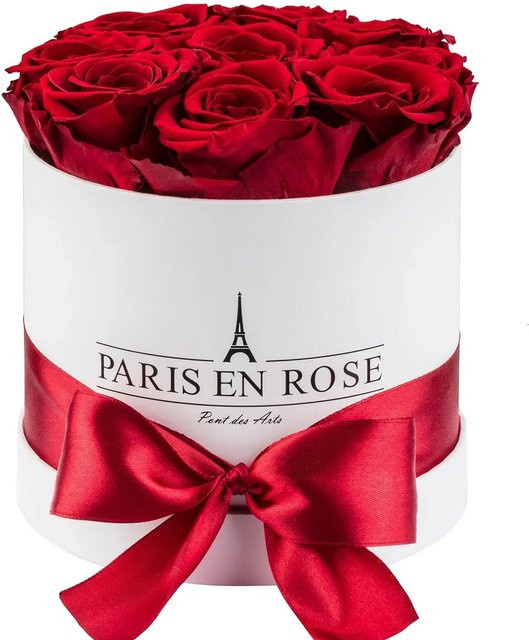 PARIS EN ROSE Rosenbox Weiß mit 9 Bordeaux Rosen und Schleife, Durchmesser: 14,5 cm - Bild 1