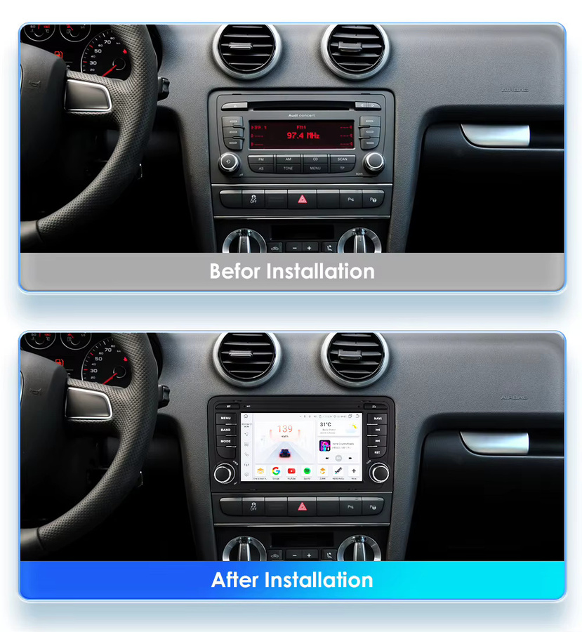 Hizpo 7-Zoll Android Autoradio für Audi A3 8P 2003-2012 S3 RS3 mit Carplay, GPS-Navigation, 8-Kern-Prozessor und KI-Sprachsteuerung in Schwarz - Bild 2