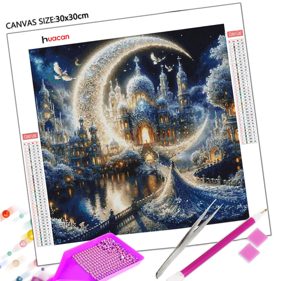 Huacan 5D-Diamantgemälde Mondschloss Prinzessin als Diamant-Mosaik Landschaft in Multicolor, B/H: 20 x 20 cm - Bild 2
