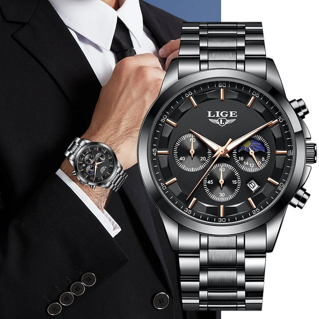 LIGE Armbanduhr Edelstahl, Quarz, Mondphase, Datum, Herren, Schwarz - Bild 1