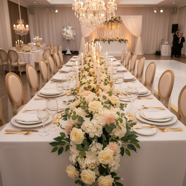 Uflower Künstliche Rosen und Pfingstrosen Blumenreihe in Beige und Weiß für Hochzeitsdeko, Party und Tischdekoration - Bild 1