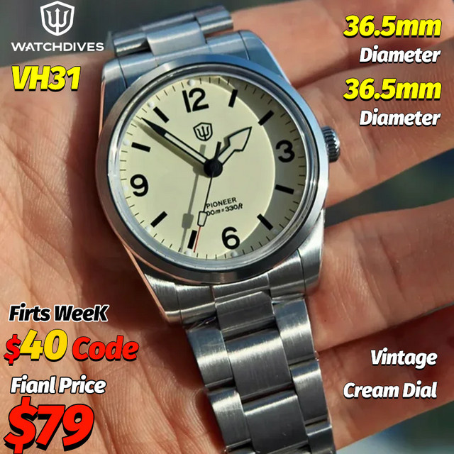 Watchdives Armbanduhr, Vintage, Cream, Quarz, Edelstahl, 36 mm, Herren - Bild 1