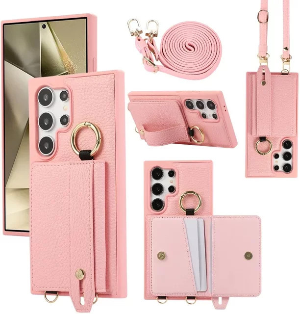 Samsung Crossbody Handyhülle mit Ring und Handgelenkschlaufe sowie Kartenhalter für Galaxy S25, S24 Ultra, S23 und S22 Plus in Braun oder Pink - Bild 1