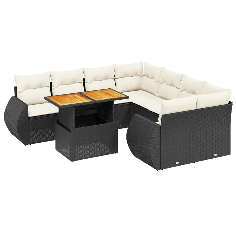 vidaXL 9-teilige Garten-Sofagarnitur in L-Form aus schwarzem Poly-Rattan mit Kissen und Akazienholz - Bild 2