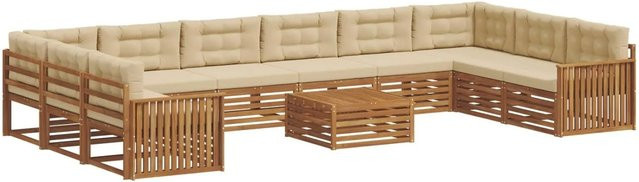 vidaXL Sofagarnitur 11-teilig in U-Form aus Massivholz Akazie in Natur und Beige mit Polsterung und Armlehnen - Bild 1