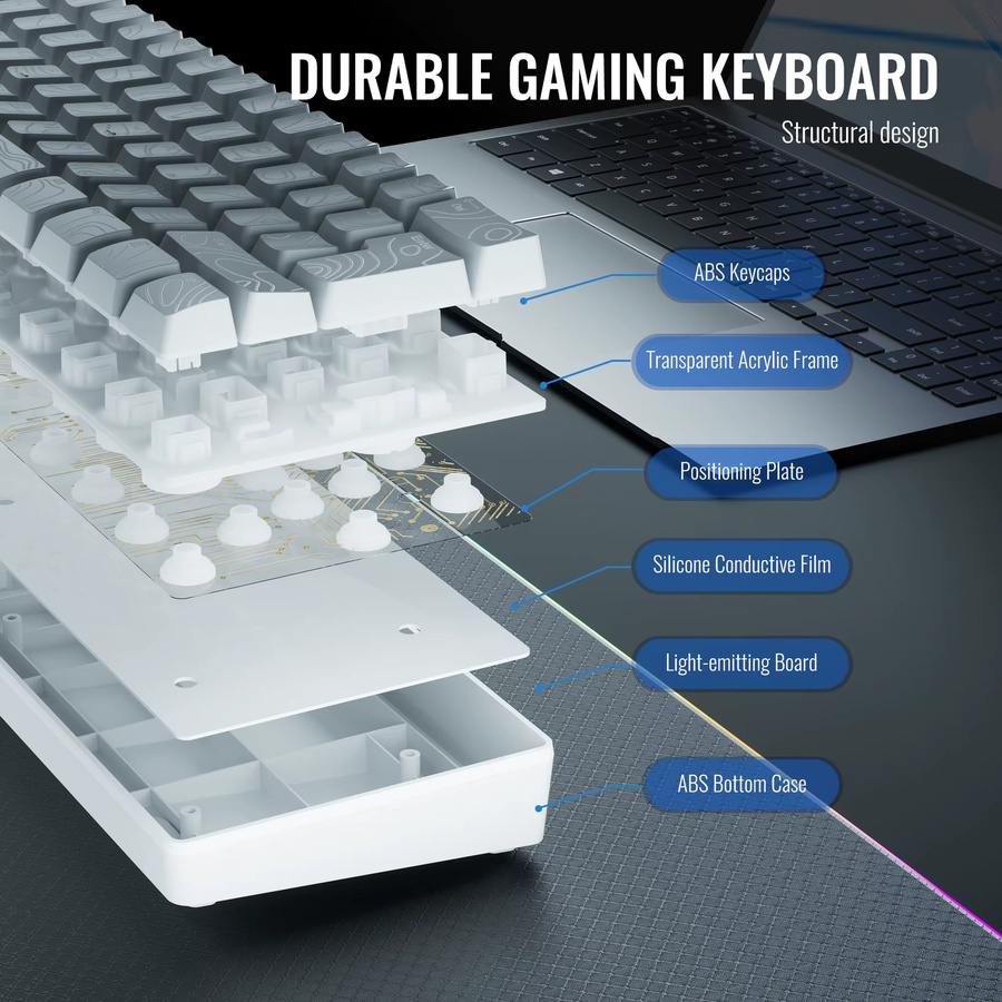 7KEYS Kompakte 60% Kabelgebundene Tastatur mit RGB-Hintergrundbeleuchtung und Membrantasten in Weiß - Bild 2
