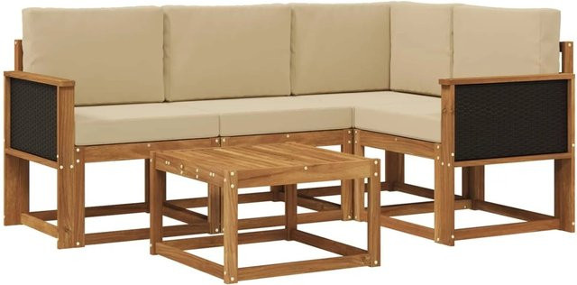 vidaXL Outdoor-Sofagarnitur L-Form aus Akazienholz mit 5 Kissen in Natur und Beige - Bild 1
