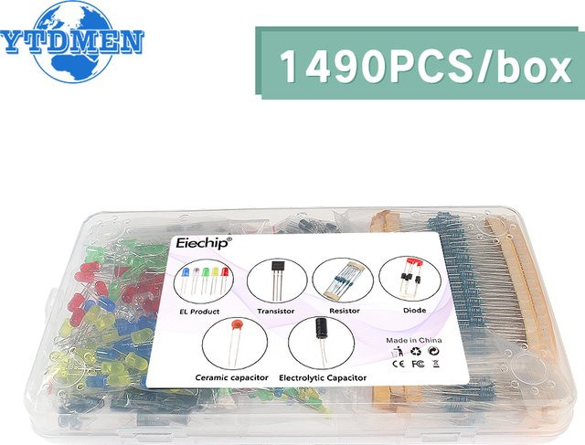 ytdmen Elektronik-Komponenten Set mit Elektrolytkondensatoren, Keramikkondensatoren, Widerständen, LEDs, Dioden und Transistoren, 1490 Teile, Mehrfarbig - Bild 1