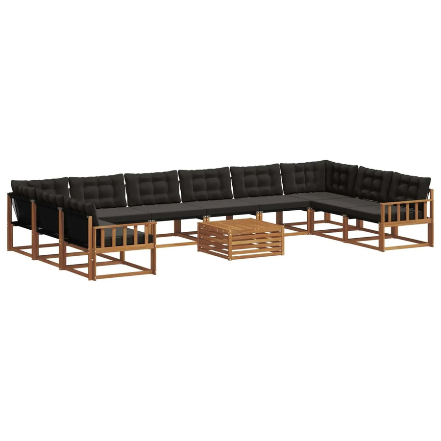 vidaXL Outdoor-Sofagarnitur 11-tlg. in U-Form aus Akazienholz mit Textilene und Kissen, Schwarz/Natur - Bild 2