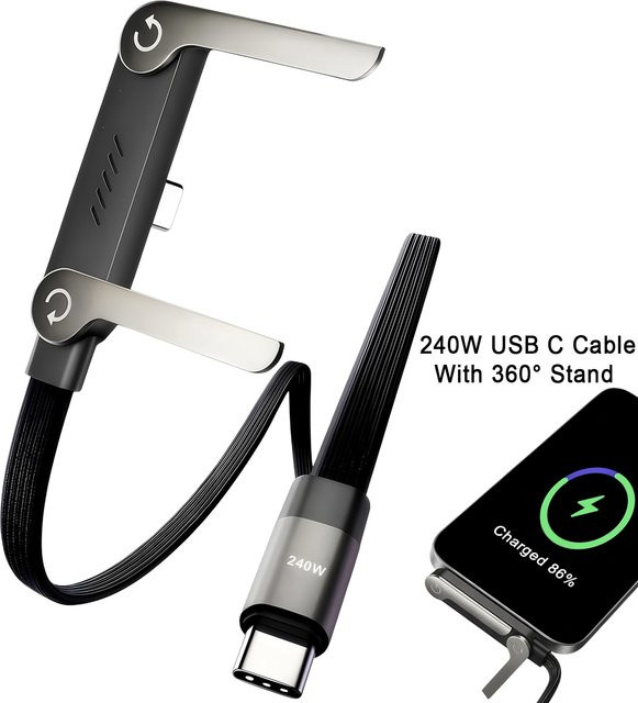 Amzwn 2-in-1 Typ-C-Kabel mit faltbarem Handyhalter, 240 W Schnelllade-Datenkabel und Dual-PD-Funktion, Schwarz - Bild 1