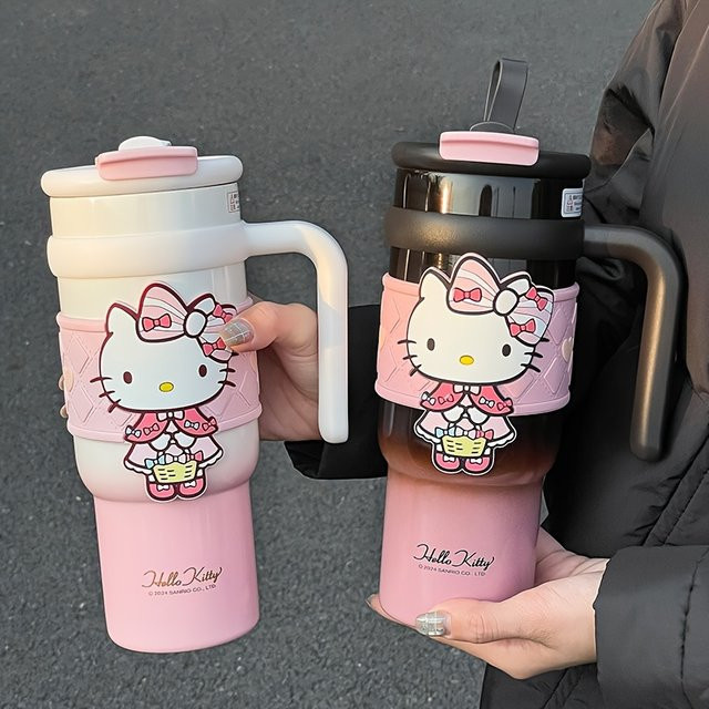 Sanrio Hello Kitty Edelstahl-Isolierbecher in Weiß und Pink, 900 ml, tragbarer Kaffeebecher und Wasserbecher - Bild 1
