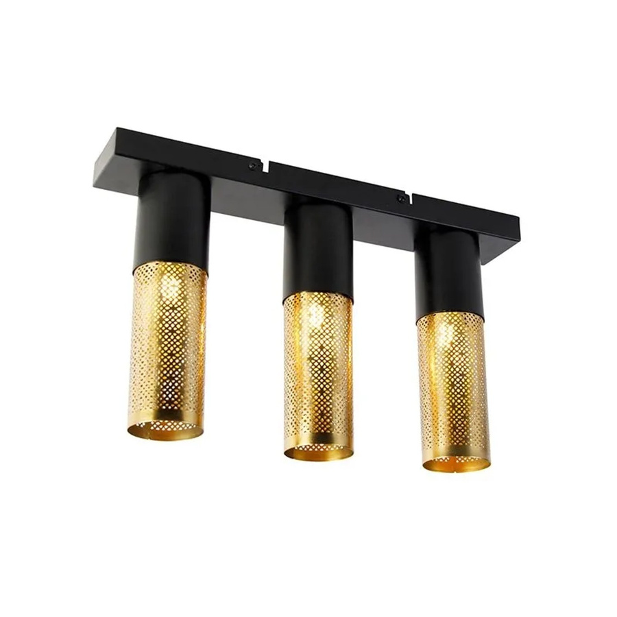 QAZQA Industrielle Deckenlampe aus Stahl in Schwarz und Gold mit 3 E27 Leuchten für Wohnzimmer, Schlafzimmer und Flur - Bild 2